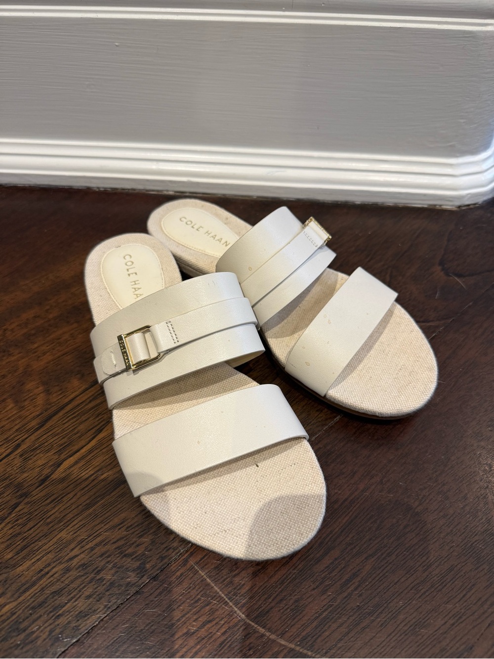 Cole Haan Cream White Double-Strap Slide Sandals with Gold Buckle